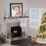 fire place with stocking and Christmas tree