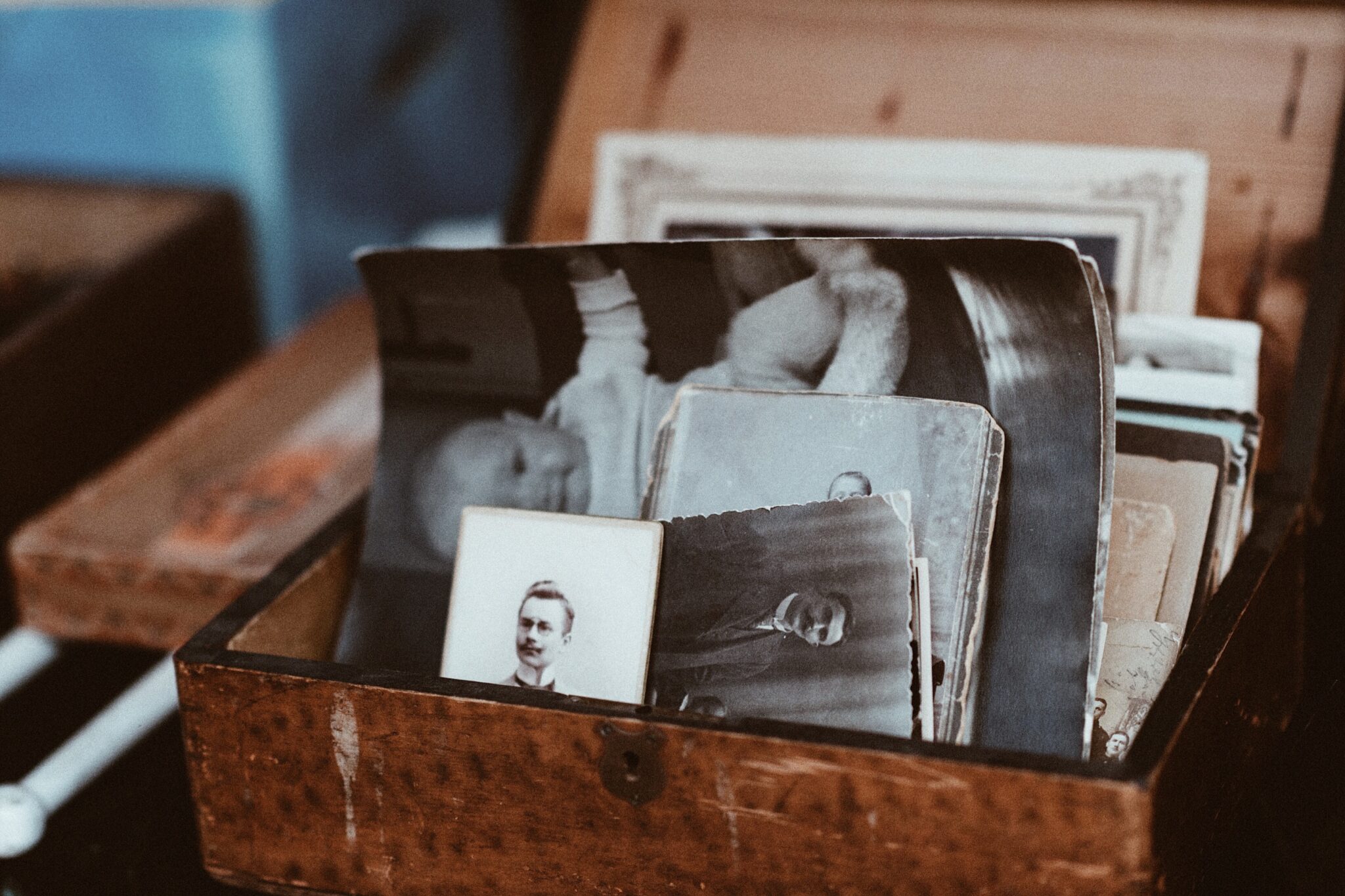 box of old black and white photos